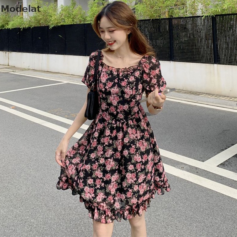 Đầm Tay Ngắn Cổ Vuông In Họa Tiết Hoa Thời Trang Mùa Hè Xinh Xắn Cho Nữ