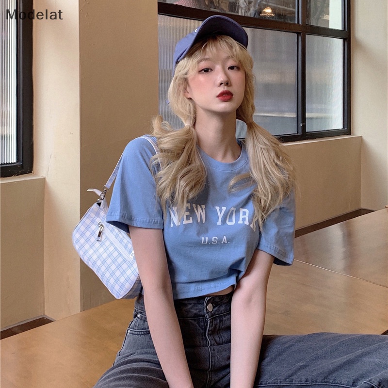 Áo Thun Crop Top Tay Ngắn Cổ Tròn In Chữ Thời Trang Mùa Hè Cho Nữ