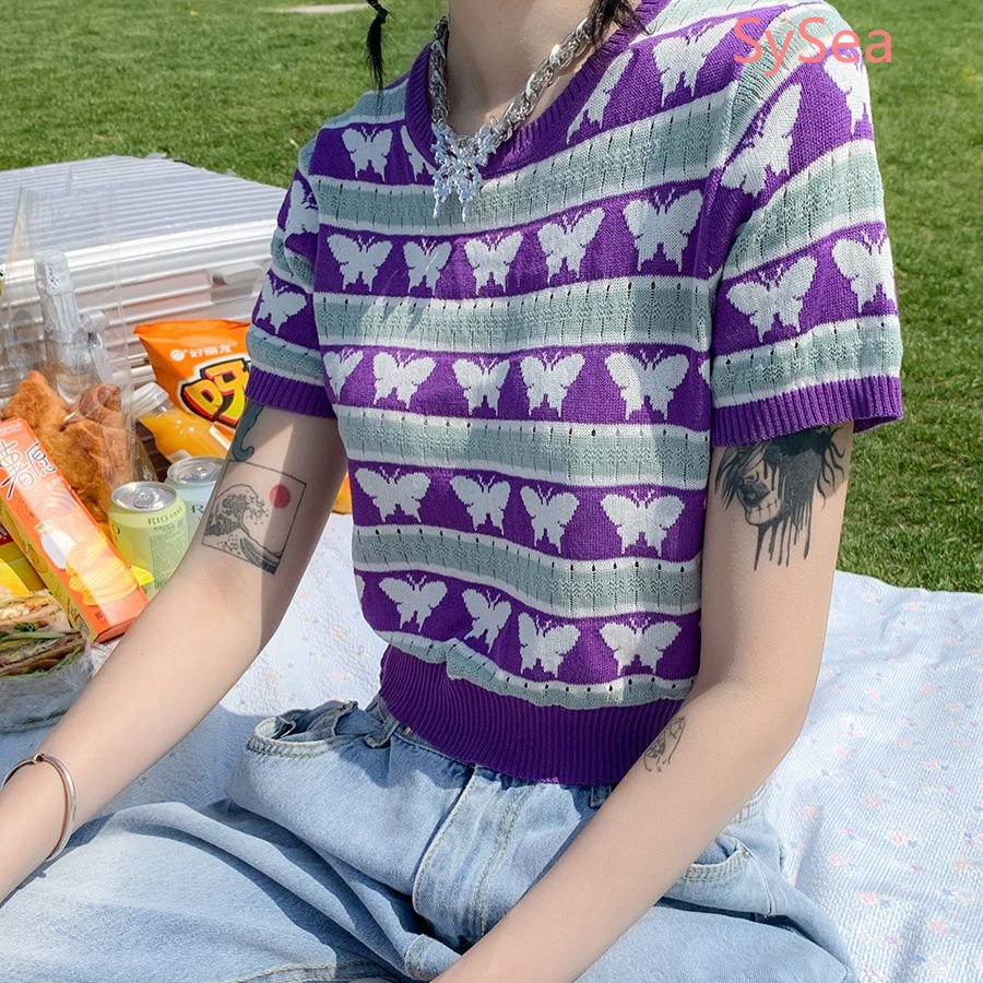 Áo Dệt Kim Họa Tiết Bướm Xinh Xắn Thời Trang Hàn Quốc Cho Nữ