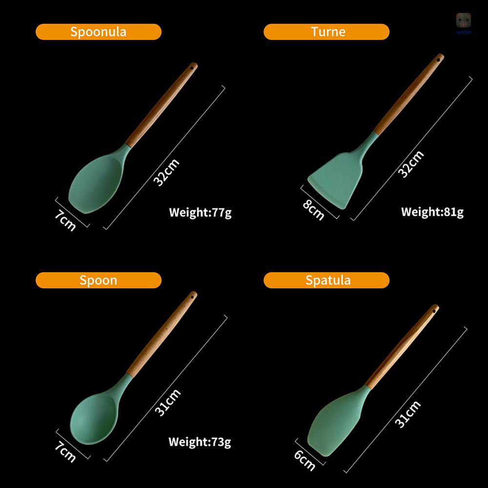 Bộ 12 Dụng Cụ Nấu Ăn Bằng Silicone Cán Gỗ Cách Nhiệt Chống Dính