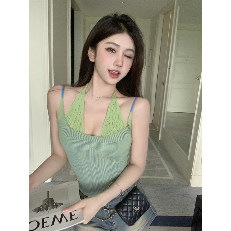SUXI Áo Croptop Dệt Kim Phối Dây Màu Sắc Trẻ Trung