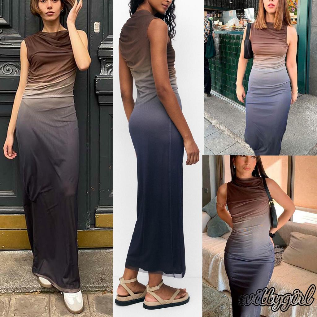 Đầm Dài Ôm Dáng Không Tay Cổ Tròn In Màu Gradient Thời Trang Dành Cho Nữ