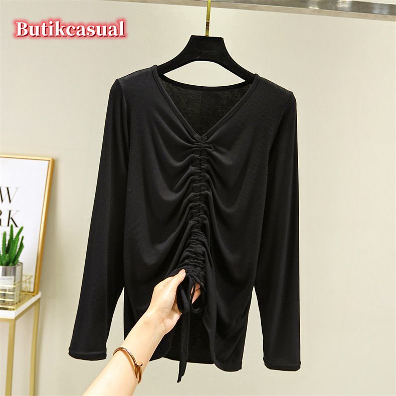 Áo Thun cotton Tay Dài Cổ Chữ v Dáng Rộng Màu Trơn Thời Trang Mùa Hè 2023 Cho Nữ