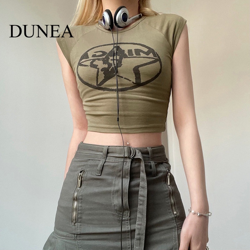 DUNEA Áo Thun Croptop In Hình Ngôi Sao Phong Cách Retro Mỹ