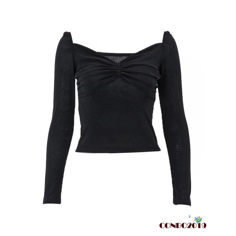 Áo Thun Tay Dài Cổ Chữ V Xếp Ly Dáng Ôm Dành Cho Bạn Nữ Mặc Hàng Ngày