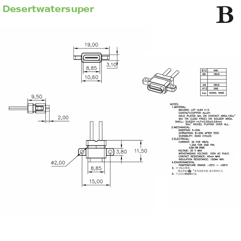 Cổng Sạc Nhanh Type C 2 Chấu Chống Thấm Nước Tiện Lợi