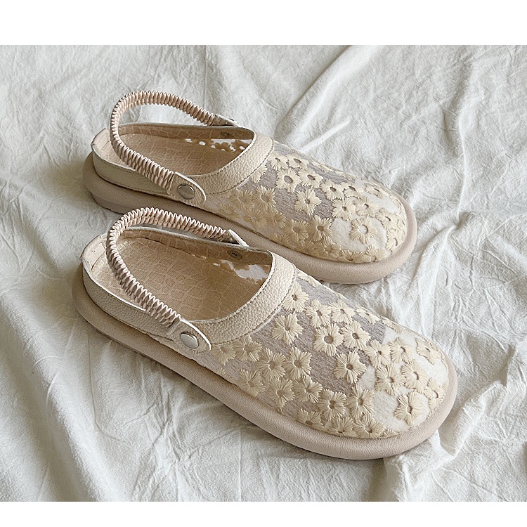 Duoya Tóc Thẳng ~ [Hàng Có Sẵn] Giày Sandal Bít Mũi Đế Mềm Thoáng Khí Phối Ren Rỗng Đơn Giản Dễ Phối Đồ Hàng Miễn Phí Cho Nữ
