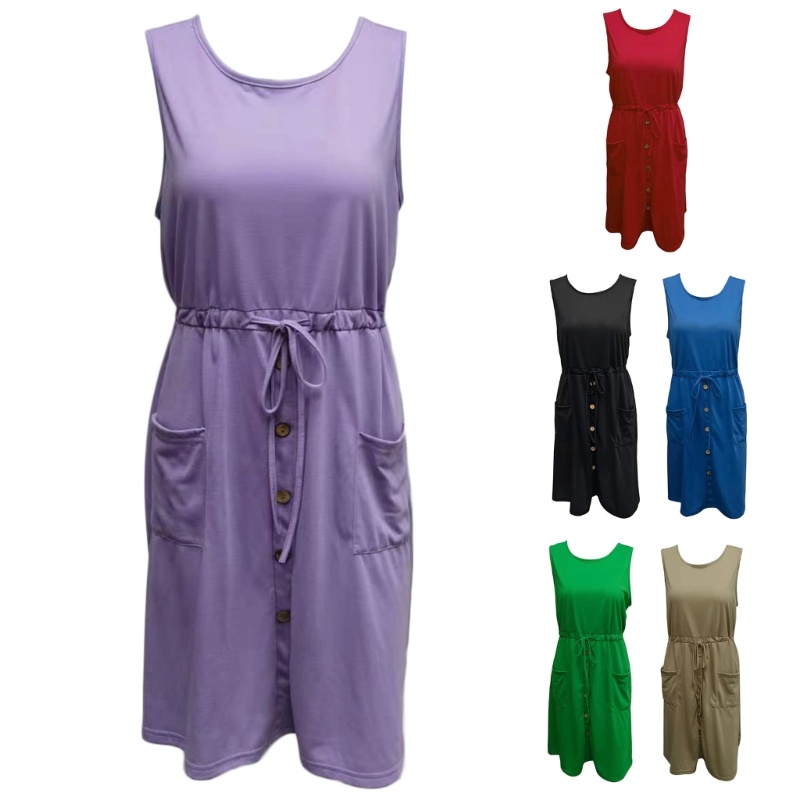 Xiangbao Đầm Thun Sát Nách Cổ Tròn Có Túi Thời Trang Mùa Hè Giản Dị Dành Cho Nữ