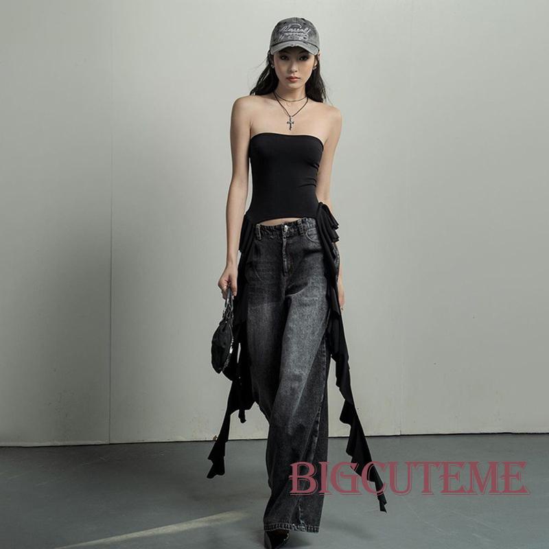 [] - Áo Ống Nhún Bèo Không Dây Hở Lưng Mặc Khi Đi Dự Tiệc Câu Lạc Bộ Đêm Màu Đen Cho Nữ