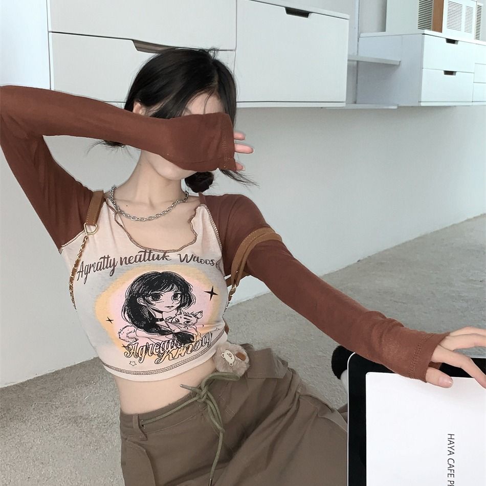 Áo baby tee Thun croptop Lửng Tay Dài Dáng Ôm Màu Sắc Tương Phản Thời Trang Cho Nữ