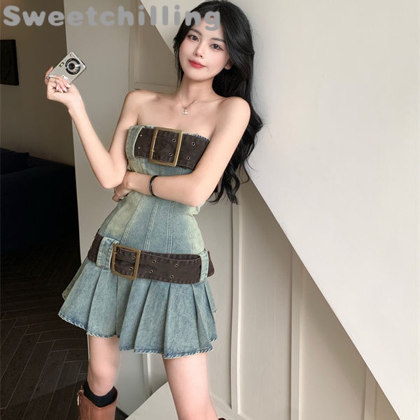 Sweetchilling Vintage màu xanh phụ nữ áo thun Mùa hè thắt lưng lộ vẻ gầy cũ denim váy Nóng cô gái trong off-back váy xếp li
