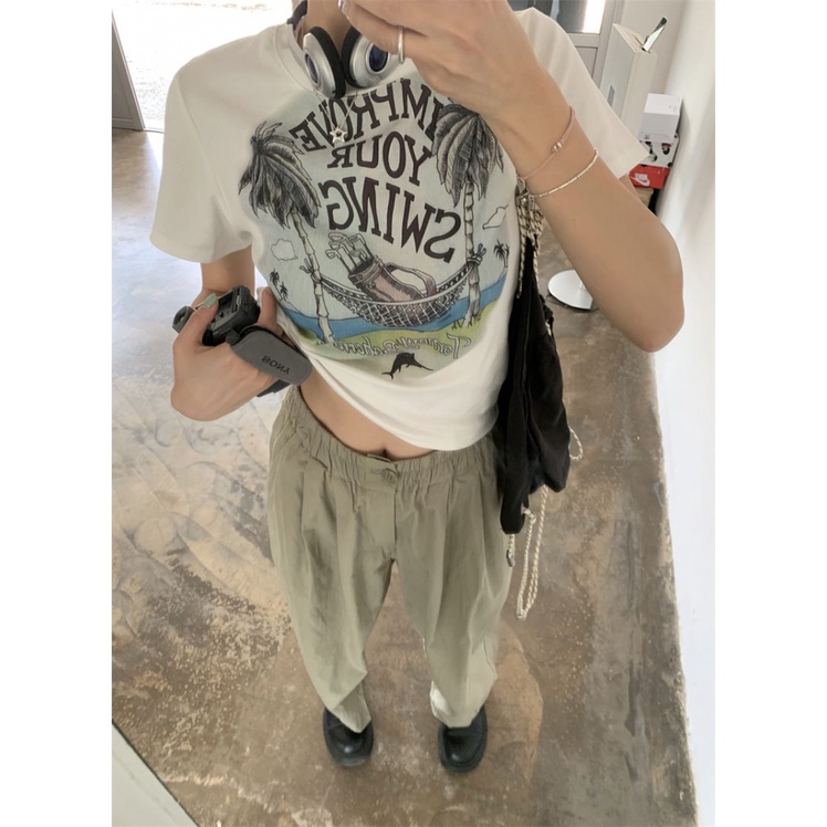 Áo baby tee Thun croptop Cotton Ngắn Tay Ôm Dáng In Chữ Phong Cách Retro Thời Trang Mùa Hè Cho Nữ