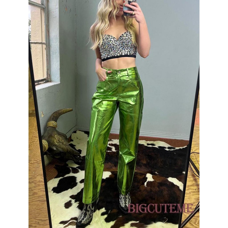 Quần Da PU Có Khóa Kéo Và Nút Kim Loại Phong Cách Đường Phố Cá Tính Cho Nữ