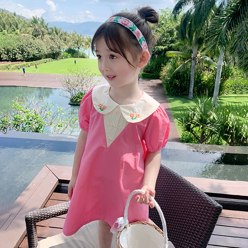 Đầm Tay Ngắn Phồng Cổ Búp Bê Thêu Hoa Thời Trang Mùa Hè Cho Bé Gái 3-8 Tuổi