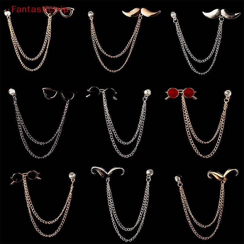 Ghim Cài Áo Phối Dây Xích Tua Rua Đính Đá Pha Lê Hình Ria Mép Cho Nam Và Nữ