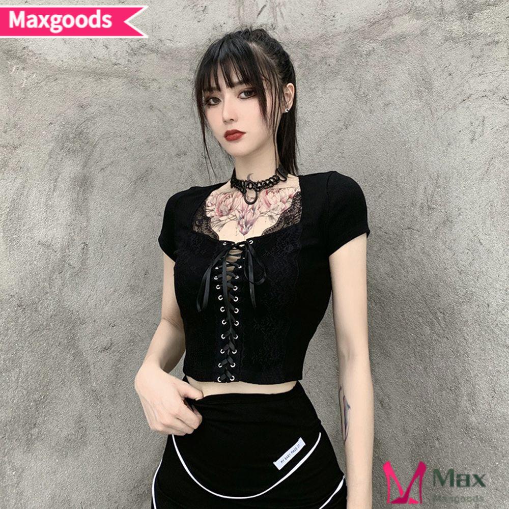 Maxg Áo Thun Đen Gợi Cảm Phong Cách Goth Cho Nữ