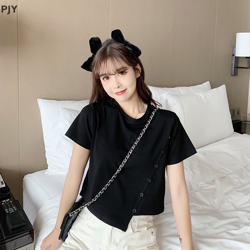 Áo Thun Crop Top Tay Ngắn Màu Trơn Cài Nút Thời Trang Mùa Hè Xinh Xắn Cho Nữ