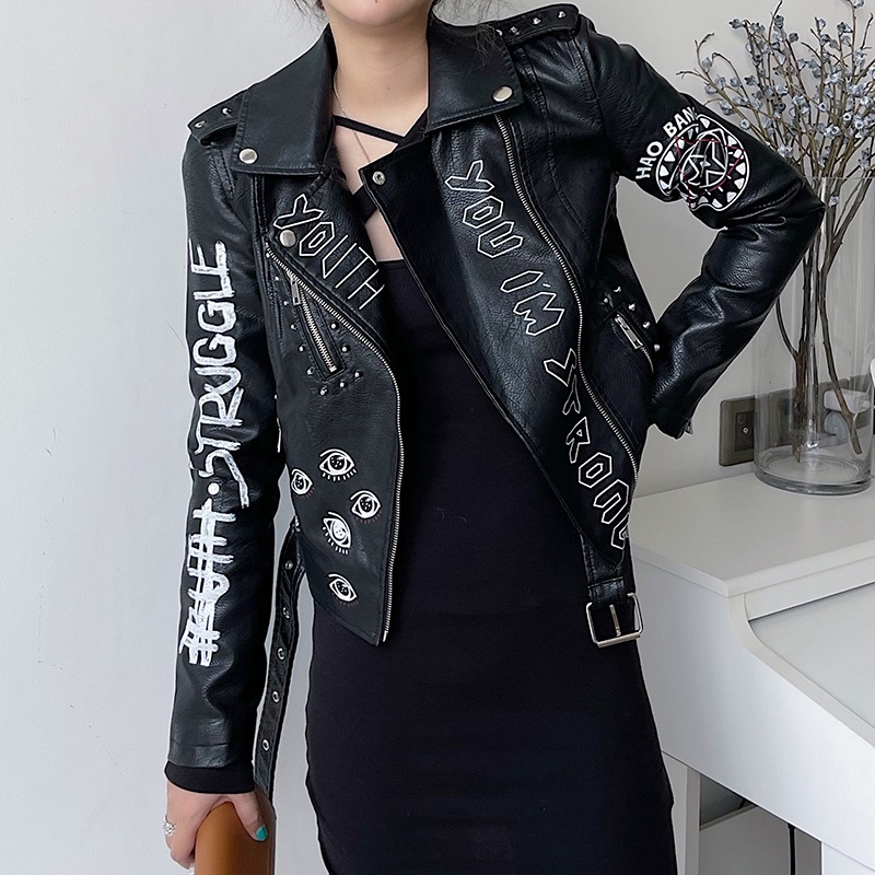 Áo Khoác Da pu Ngắn In Chữ Đính Đinh Tán Thời Trang Cá Tính Cho Nữ