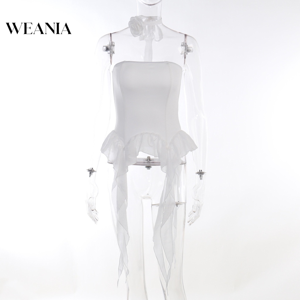 Weania Áo Ống Peplum Hở Vai Có Choker Hoa Hồng