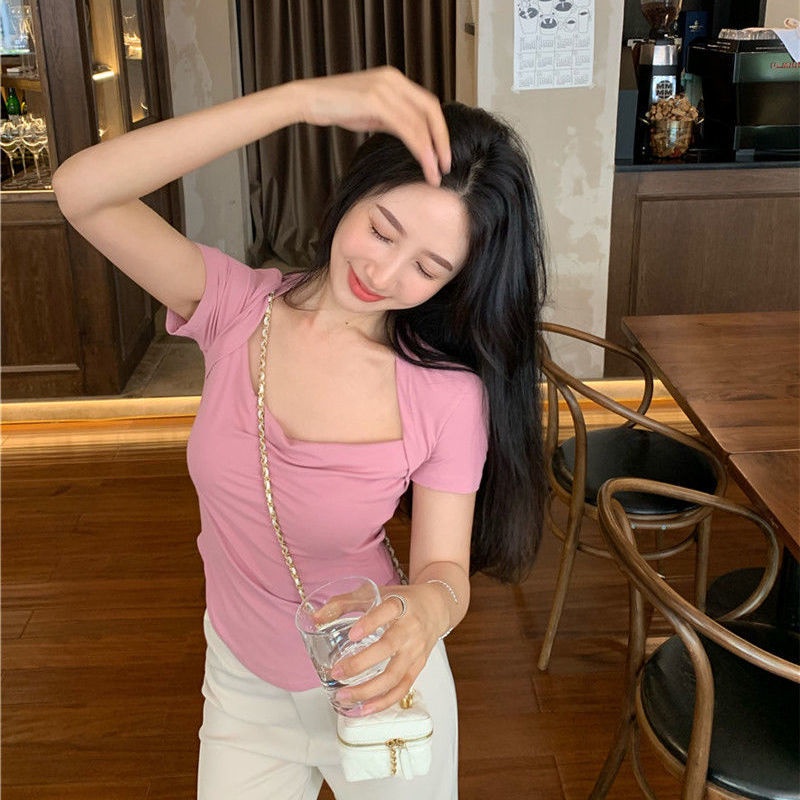 COZOK Áo Thun Ngắn Tay Cổ Vuông Thời Trang Quyến Rũ Dễ Phối Đồ