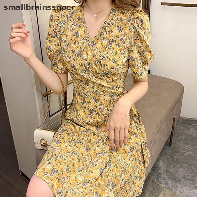 Đầm Tay Ngắn Cổ Chữ V In Họa Tiết Vintage Thời Trang Mùa Hè Cho Nữ