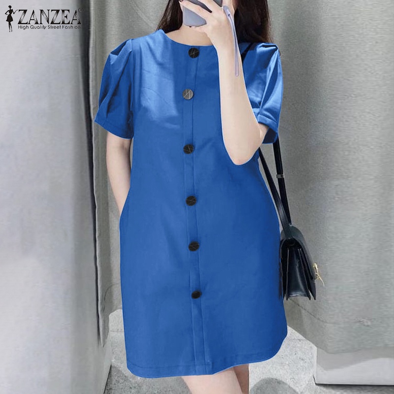 Zanzea Đầm Ngắn Tay Cổ Tròn Có Túi Phong Cách Hàn Quốc Cho Nữ