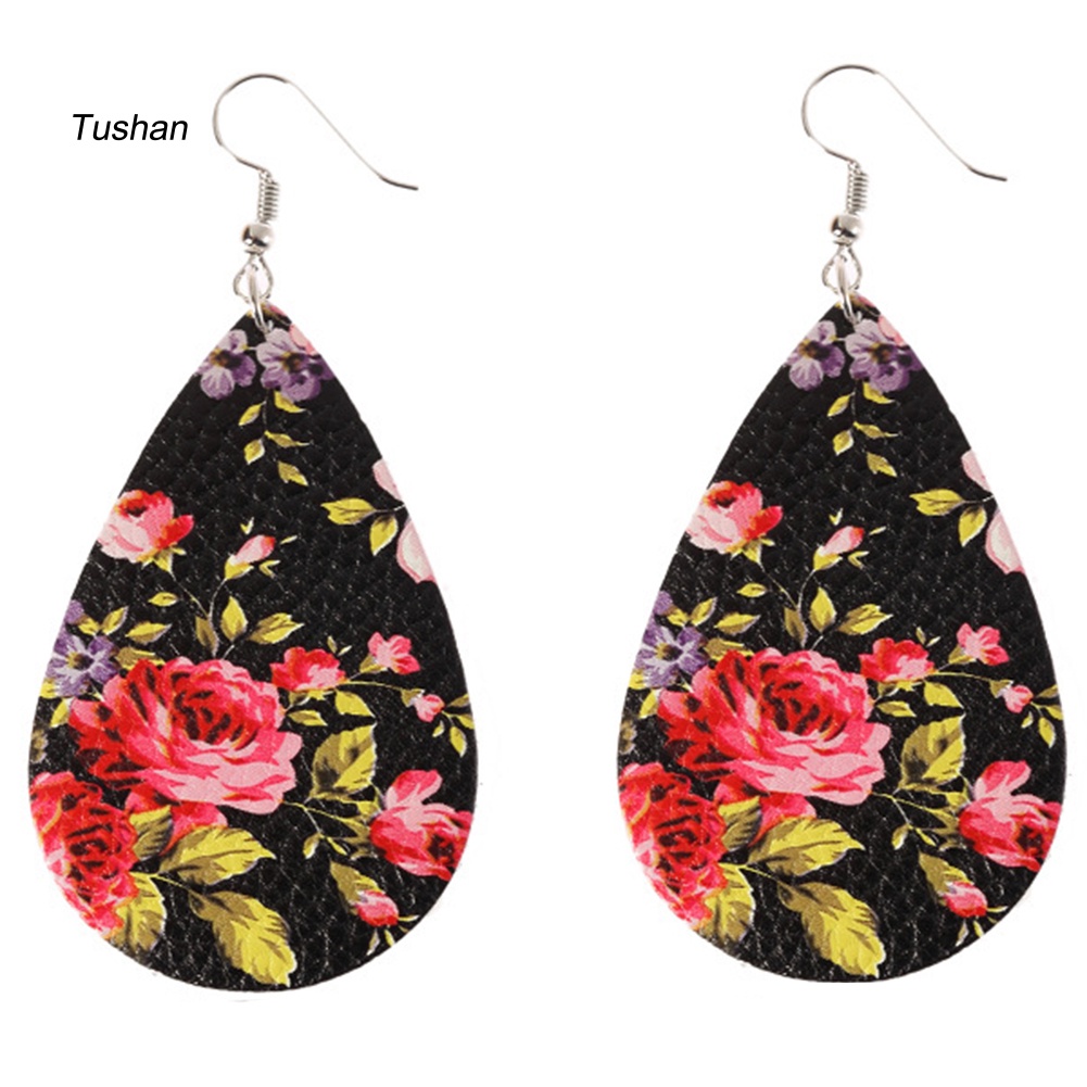 Đôi Khuyên Tai Dài Hình Giọt Nước In Hoa Chất Liệu Giả Da Thời Trang Cho Nữ