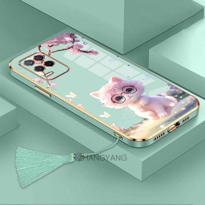 Ốp Điện Thoại TPU Silicon Mềm Mạ Viền Hình Mèo Kèm Dây Đeo Tua Rua Cho Realme 8 Realme 8 Pro Realme 8