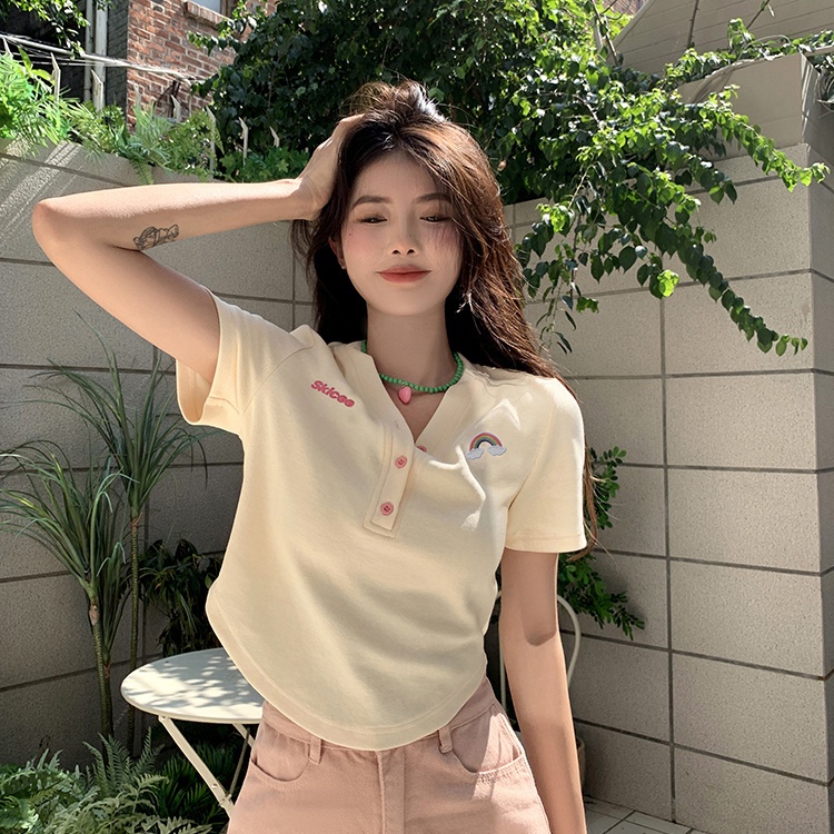 Cozok Áo Thun Ngắn Tay Dáng Ôm Thêu Họa Tiết vintage Thời Trang