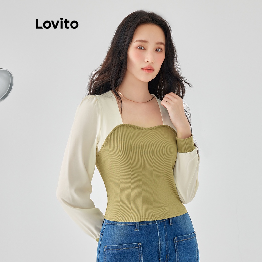 Áo Lovito tay dài cổ vuông phối lưới tương phản màu trơn cơ bản cho nữ LNE02226 (màu xanh lá)