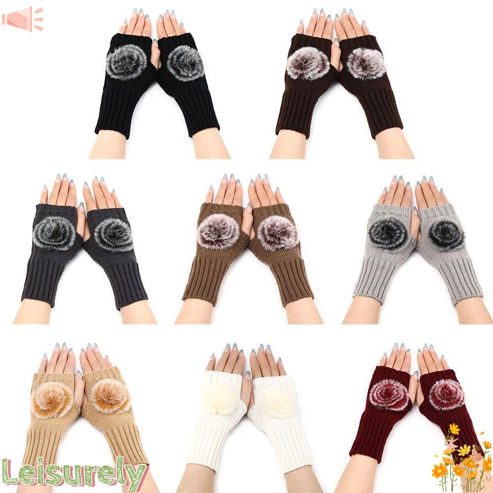 Găng Tay Len Ngắn Hở Ngón Đính Quả Bông Cho Nữ