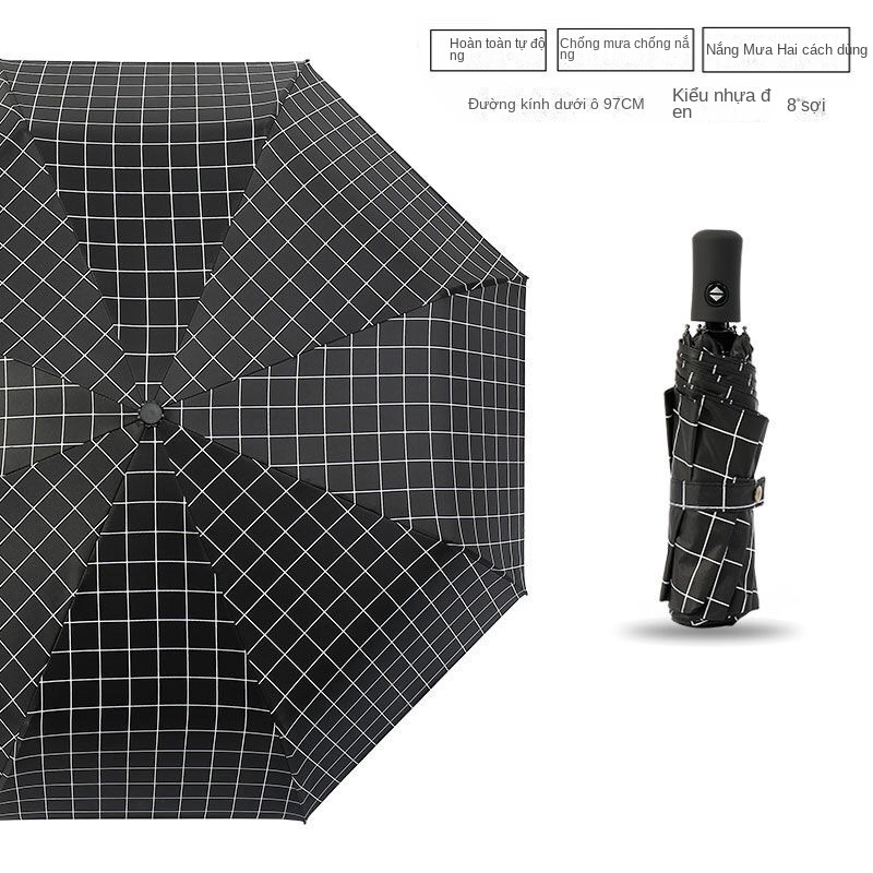 Dù Gấp Tự Động Chống Mưa Nắng Họa Tiết Sọc Caro Trắng Đen Đơn Giản