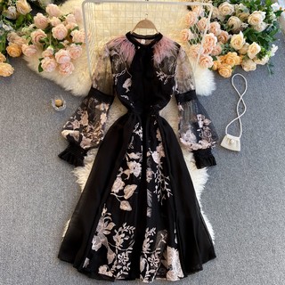 Đầm Chiffon Cổ Tròn Tay Phồng Thêu Hoa Thời Trang Xuân Hè Cho Nữ