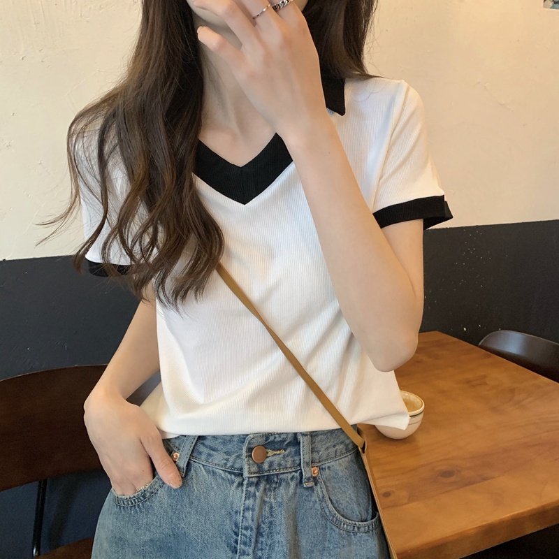 Áo polo SUXI tay ngắn cổ chữ V dáng ôm thời trang mùa hè dễ phối đồ cho nữ