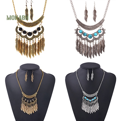 Bộ Trang Sức Gồm Dây Chuyền / Bông Tai / Vòng Cổ Hình Chiếc Lá Phối Tua Rua Phong Cách Vintage Cho Nữ