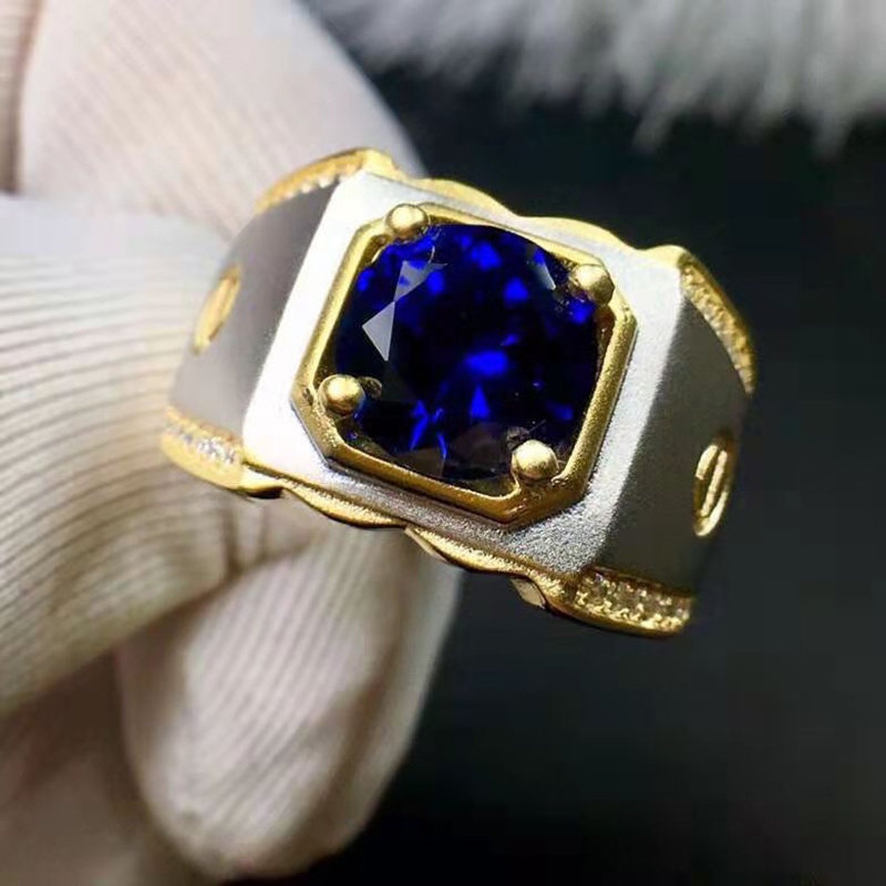 Nhẫn Titan Đính Đá Sapphire Thời Trang Cho Nam
