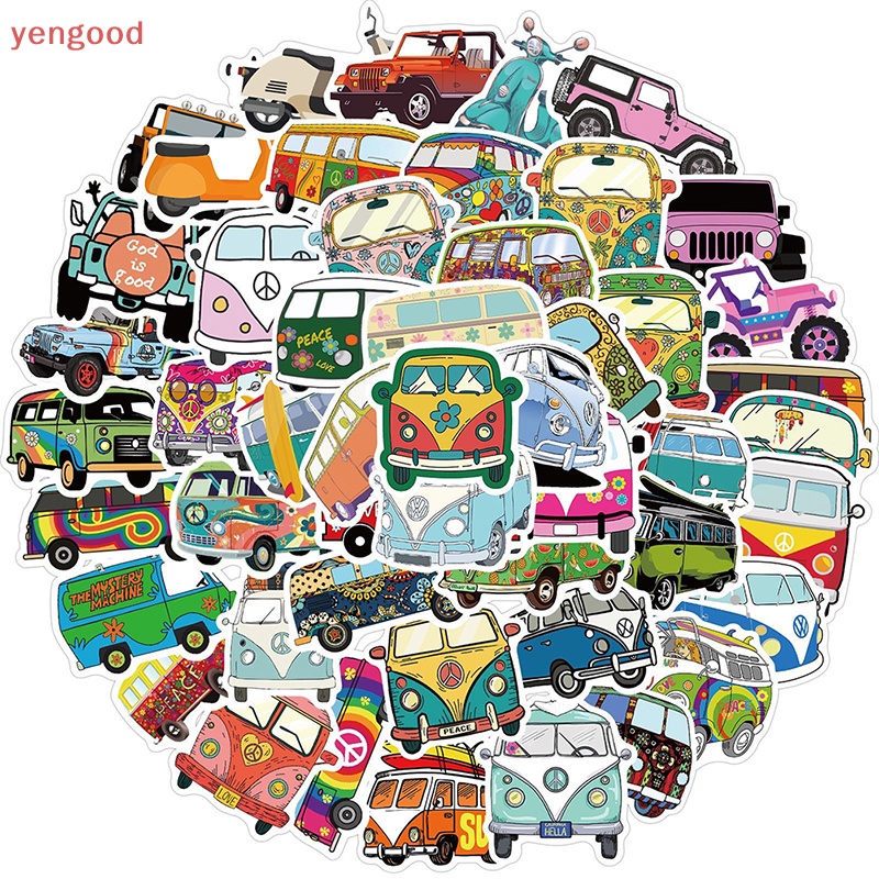 Set 50 Miếng Dán Trang Trí Xe Buýt Laptop Hành Lý Phong Cách Retro Hippie