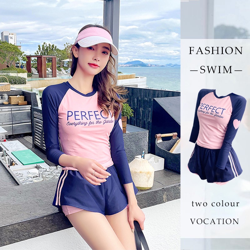 Bikini Đồ bơi hai mảnh tay dài thể thao phong cách Hàn Quốc cho nữ