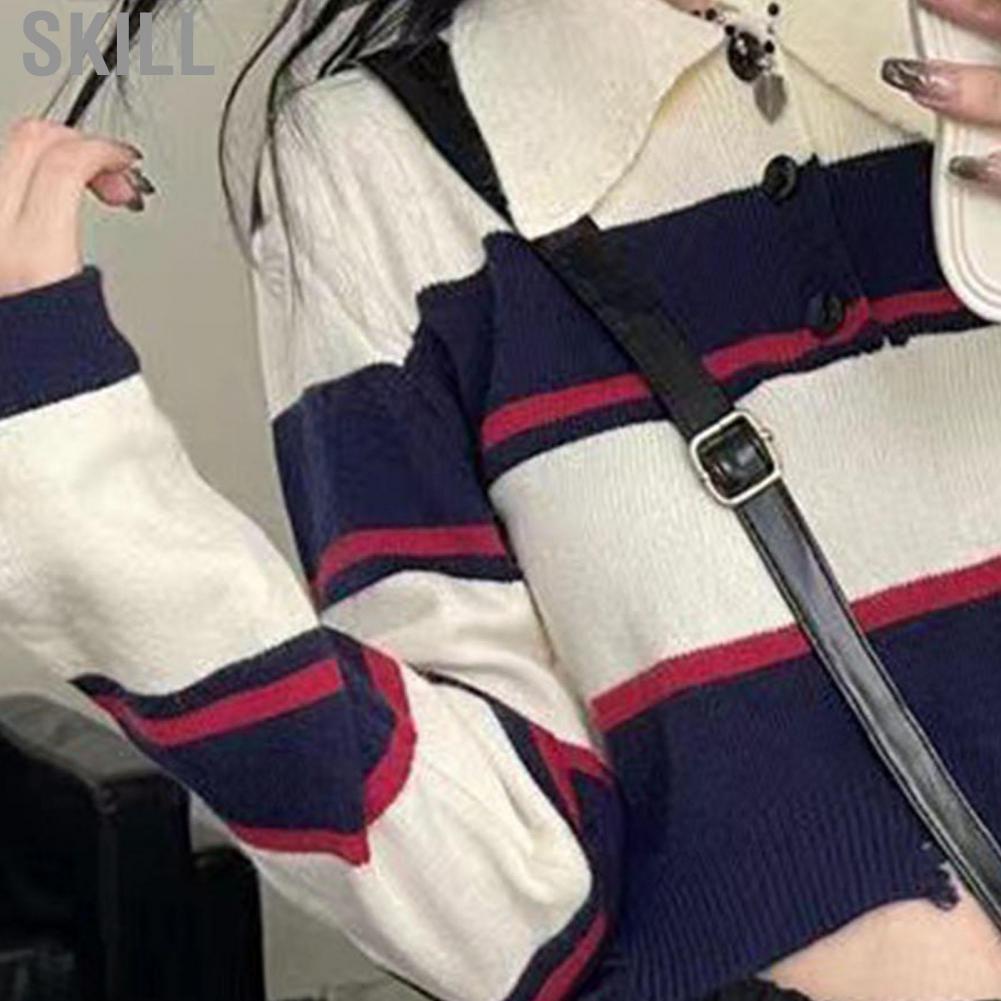Skill Striped Knit Pullover Top  Short Sweater Casual Fit Long Sleeved for Female Outdoor
