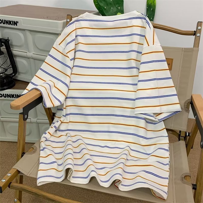 Áo Thun Cotton Cổ Tròn Tay Ngắn Họa Tiết Kẻ Sọc Phong Cách Hong Kong Thời Trang Mùa Hè Cho Nam