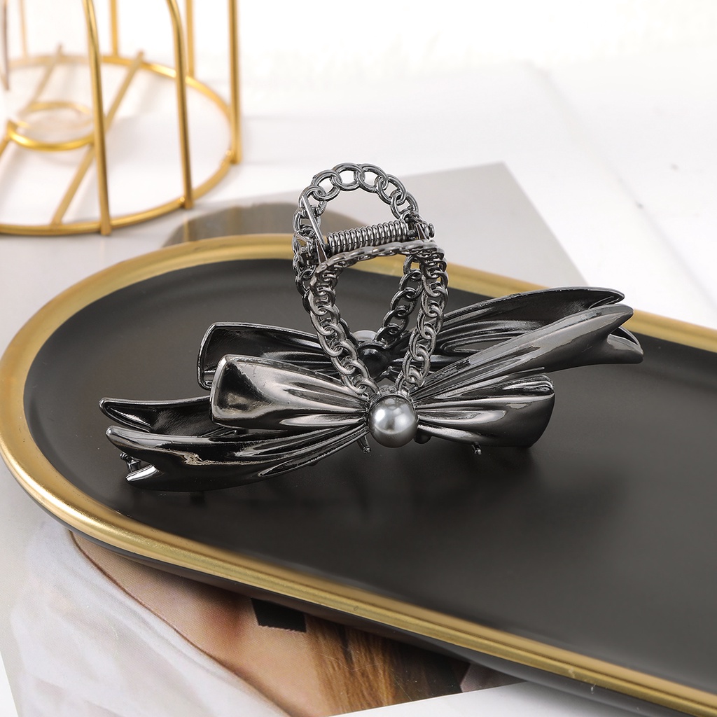 Kẹp Tóc Hình Nơ Đính Ngọc Trai Bằng Kim Loại Phong Cách Hàn Quốc Ngọt Ngào Cho Nữ