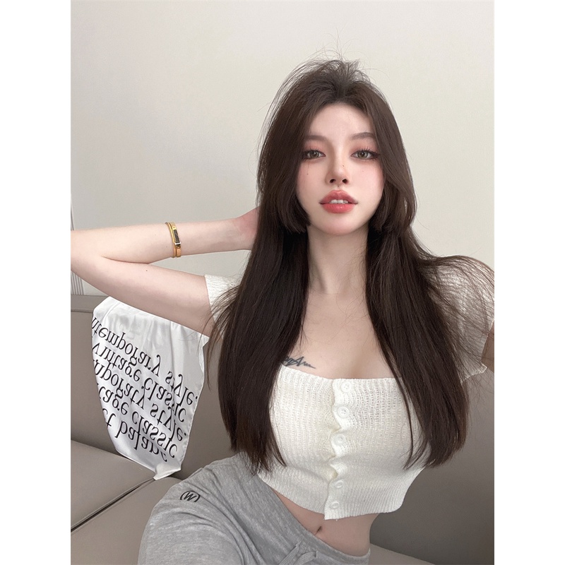 Áo Croptop Dệt Kim Tay Ngắn Cổ Vuông Phong Cách Hàn Quốc Quyến Rũ Cho Nữ