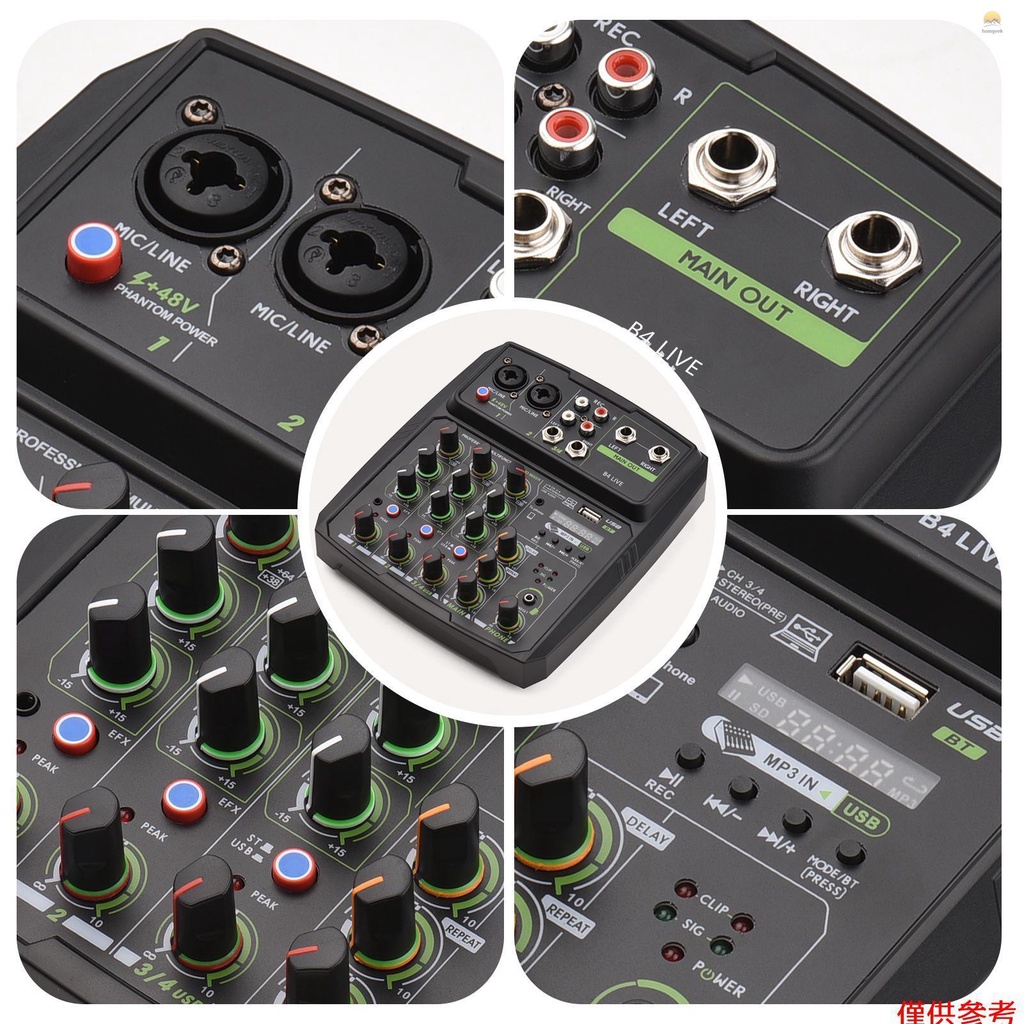 Bảng Điều Khiển Âm Thanh 4 Kênh Tích Hợp Đèn LED Kết Nối USB BT 2 Băng Tần EQ