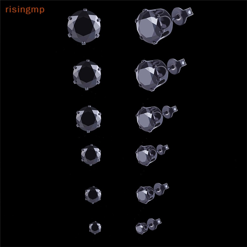 6 Đôi Bông Tai Hình Khối Tròn Màu Đen Bằng Thép Không Gỉ Kích Thước 3mm-8mm Dành Cho Nam Nữ