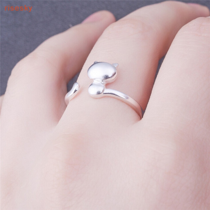 Nhẫn Hở Mạ Bạc Hình Mèo Dễ Thương Có Thể Điều Chỉnh