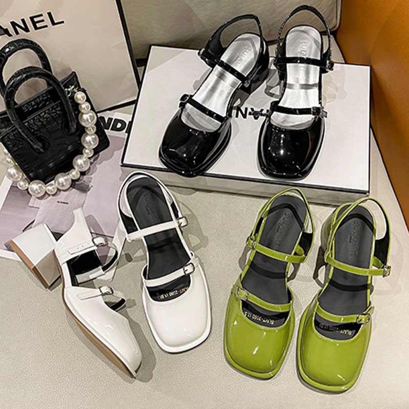 Xăng đan Gót Dày Một Bên Mũi Vuông Hở Một Gót Phong Cách Mary Jane Cổ Điển Có Khóa Cài Sau Thời Trang Mùa Xuân Mới Dành Cho Bạn Nữ