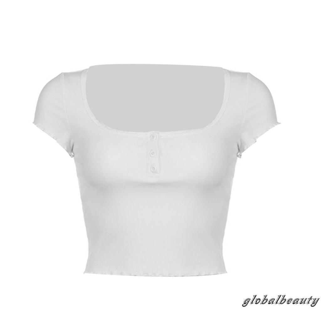 Áo Croptop Dệt Kim Ngắn Tay Cổ Vuông Phối Nút Phong Cách Đường Phố