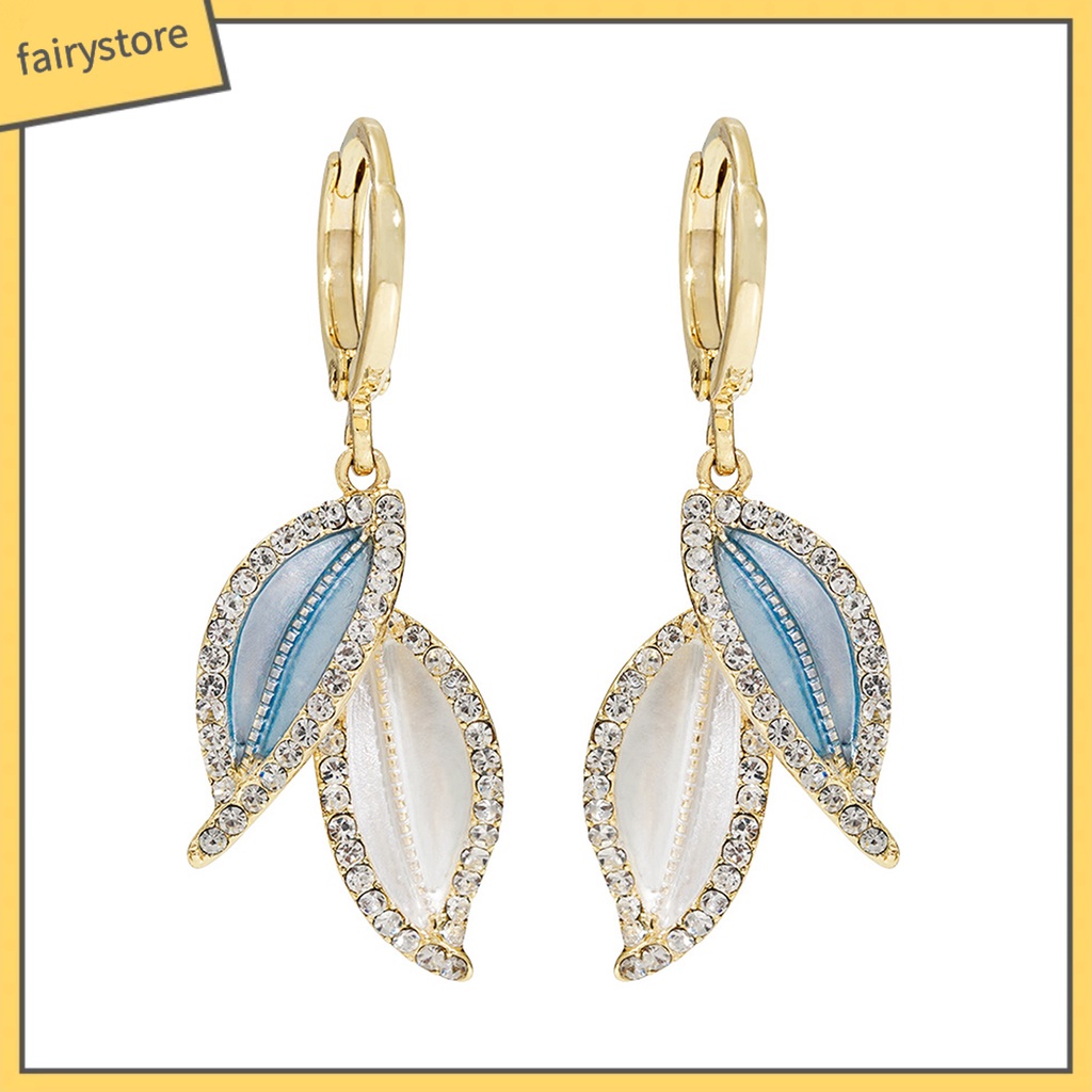 1 Đôi Bông Tai Dáng Dài Hình Chiếc Lá Đính Đá Phong Cách Retro