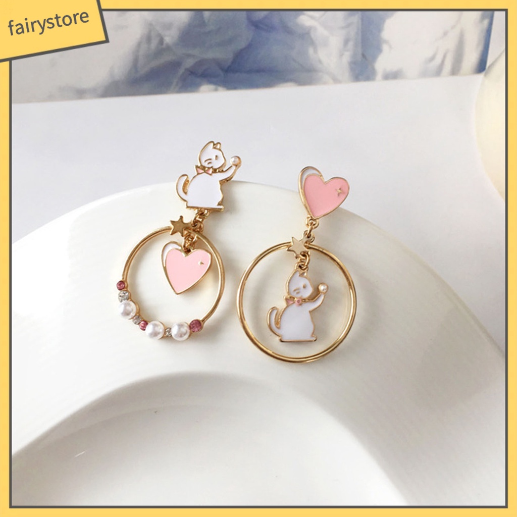 1 Đôi Bông Tai Hình Mèo Hoạt Hình Đính Đá Ngọc Trai Giả Phong Cách Nhật Bản