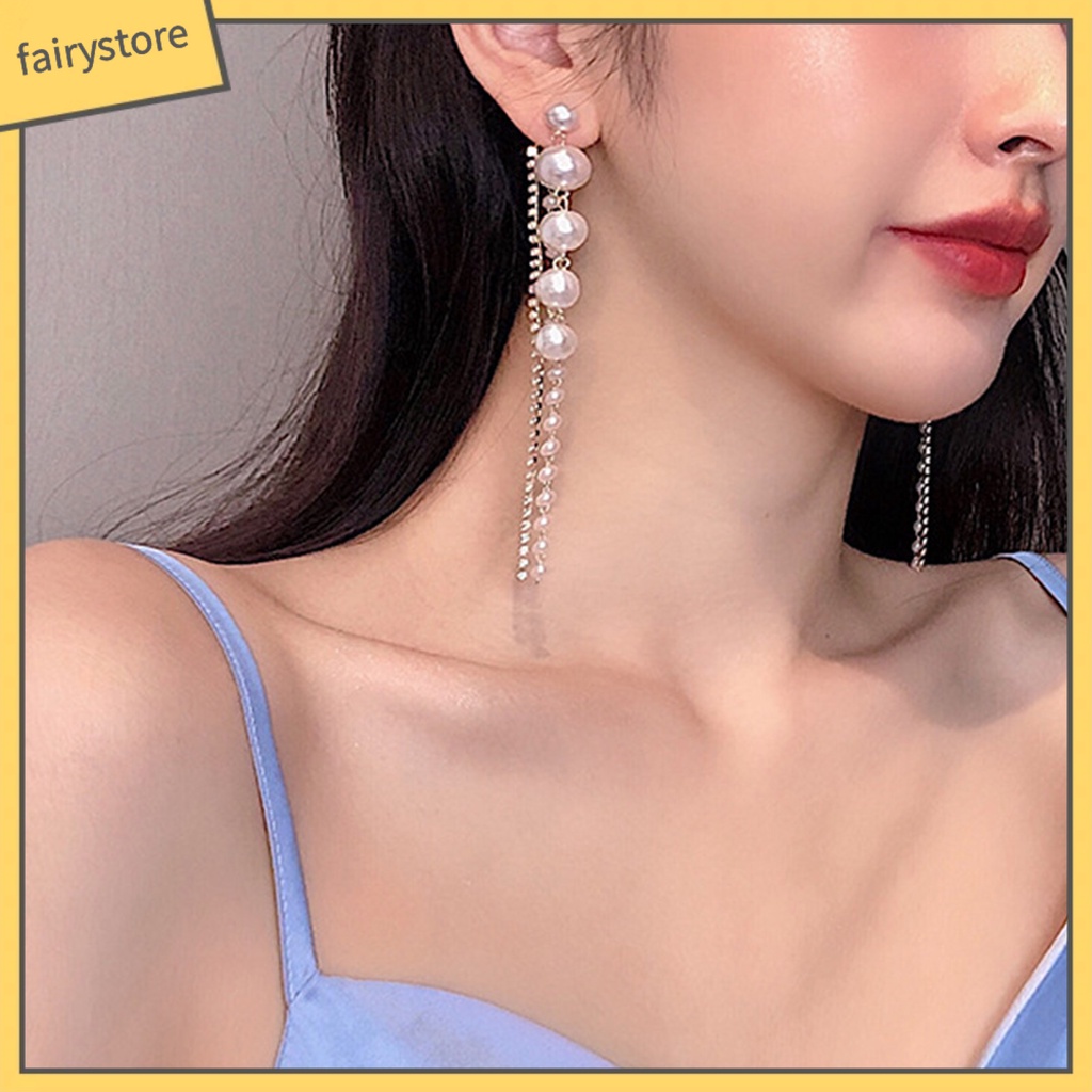 1 Đôi Bông Tai Dáng Dài Đính Ngọc Trai Nhân Tạo Phối Tua Rua Thời Trang